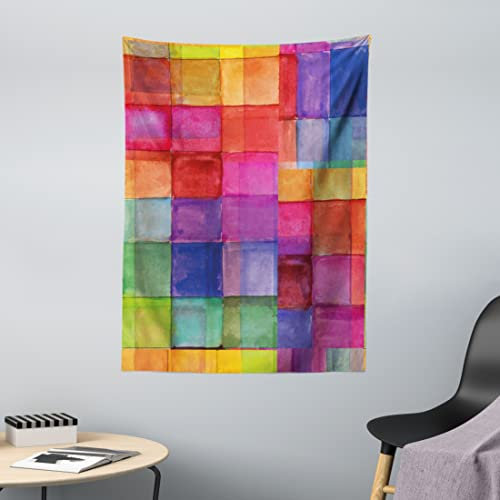 ABAKUHAUS Abstrakt Wandteppich, Regenbogen-Farben-Quadrate aus Weiches Mikrofaser Stoff Waschbar ohne Verblassen Digitaldruck, 110 x 150 cm,Rot Blau