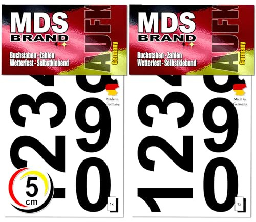 MDS Brand 5cm Zahlen Aufkleber Schwarz | Selbstklebende Klebezahlen | Vinyl Klebeziffer zum Aufkleben für Briefkasten, Büro Ordner, Hausnummer für Außen & Innen Peel (5cm, Schwarz)