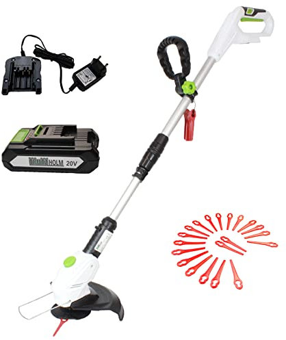 TRUTZHOLM Akku Rasentrimmer mit 20 V 2,0 Ah Akku & Ladegerät 2in1 Trimmer & Kantenschneider mit Schutzhaube Kantenschutzbügel Führungsrädern Motorsense inkl. 20x Ersatzmesser Schnittkreis 26 cm
