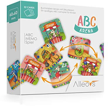 ALLEOVS® ABC-Arena – Buchstaben-Memo-Spiel mit Zirkus-Tieren, Lernspiel für 1 – 6 Kinder ab 4 Jahren, 52 Karten zum Alphabet Lernen