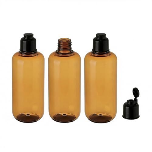 VASANA 3PCS 300ml/10oz Empty Refillable Amber Plastic Squeeze Bottles with Black Flip Cap Cosmetic Container Vial Pot Holder for Makeup Emollient Water Toner Lotion Shampoo Shower Gel Toiletries