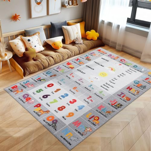 SIMPEX Kinderteppich Grau 120x170 cm Alphabet-Buchstaben Zahlen-Tier Design Modern rutschfest Waschbar Pflegeleicht Extra Weich Antiallergen Babyteppich Kinderzimmer Jungen Mädchen