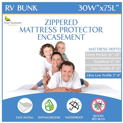 RV Bunk Mattress Encasement (30 W x 75 L) - Waterproof Zippered Protector - Cot Size Low Profile Fits 5 to 8 Thick - Hypoallergenic Premium Bed Cover Protects from Dust Allergens