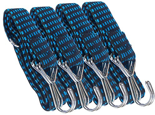 Adjustable Flat Bungee Cords With Hooks, Bungee Straps with Anti-Rust Metal Buckle for Bike Mountain Luggage Rope Latex Heavy Duty Straps Elastic (4 pack 1M Blue)