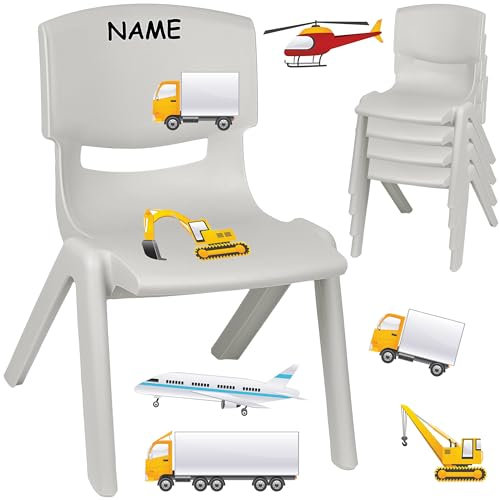 alles-meine.de GmbH Kinderstuhl/Stuhl - Motivwahl - grau - Silber + Sticker - Auto & Fahrzeuge Baustelle - inkl. Name - Plastik - bis 100 kg belastbar/kippsicher - für INNEN ..