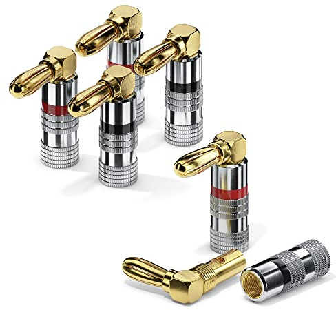 conecto Bananenstecker für Lautsprecherkabel, 4er-Set, 90° gewinkelter Stecker, vergoldet mit Farbcodierung 24kt vergoldet rot/schwarz | 4x Bananenstecker 0,75–6mm², 90° Winkel, Doppelverschraubung, Aluminiumhülle, für HiFi Receiver & Verstärker