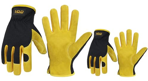 HANDLANDY Leder Gartenhandschuhe Arbeitshandschuhe für Damen und Herren 2 Paar kratzfeste atmungsaktive Handschuhe für Garten Hof Mechaniker Bauarbeiten (Goldgelb, L)