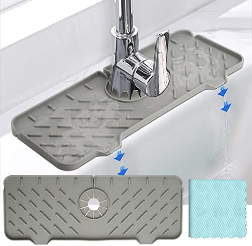 Guichangkai Silicone Faucet Handle Drip Catcher Tray, Faucet Splash Catcher Absorbent Mat and Blue Fish Scale Rag, Silicone Sink Faucet Pad for Bathroom, Kitchen