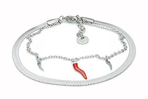SAGA GIOIELLI® Bracciale Donna Portafortuna Cuore Stella Quadrifoglio Corno Acciaio (CORNO)