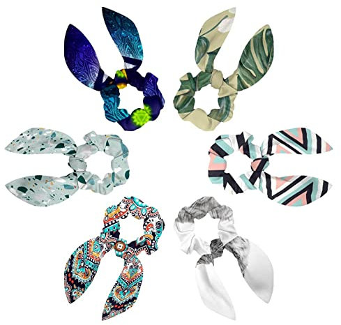 6PCS Hair Scarf Scruncheis for Women Girls, Ribbon Bow Elastic Hair Ties Bands Satin Hair Ribbon Scrunchy Ponytail Holder Accessories,Palm and Hibiscus