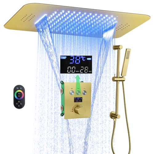 Brushed Gold Ceiling LED Rain Shower Head With Handheld, DisixinDi Large Luxury Rainfall Shower System Fixtures Thermostatic Mixer Trim Kit Included (23X15 inch Waterfall And Rain Shower)