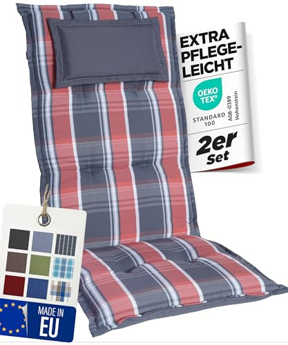 gardisun Gartenstuhlauflagen Hochlehner mit Kopfteil, 2er Set | Grau-Orange-Kariert, Extra Dicke Sitzauflagen, Made in Europe, Polsterauflagen für Hochlehner, Auflagen mit hohem Komfort