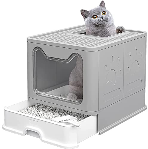 Baiyun Katzentoilette mit Deckel und Schaufel, Katzenklo Schrank Schublade Design, Multifunktionaler und Komfortabel Katzen Zubehör, 51 x 41 x 38 cm (Grau)