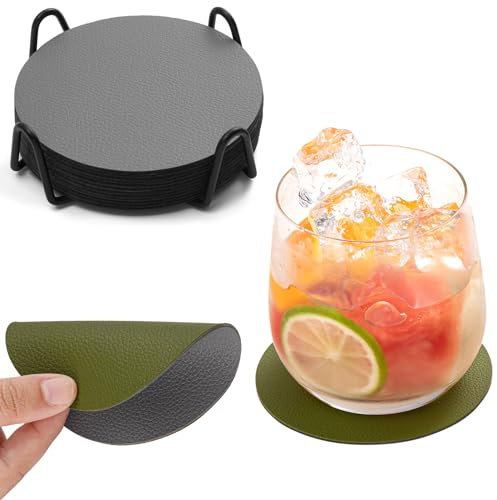 Chitomars Untersetzer Gläser 12er Set, Doppelseitigen Glasuntersetzer Getränkeuntersetzer rutschfest Kunstleder Lederoptik Untersetzer(Grau Grün, Rund)