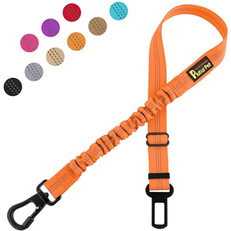 Plutus Pet Dog Seat Belt for Car, Adjustable Dog Car Harness with Carabiner Clip, Reflective Safety Dog Seatbelt Leash with Elastic Bungee, Orange