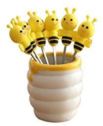 MAGICLULU 6pcs Fruit Fork Set Boys and Girls Fruit Cutters Forks Set Party Picks Stainless Steel Picks Ceramic Holder | Bee-Top Silicone and Stainless Steel 6pcs Fruit Pick Set with Ceramic Holder for Kids Tea Parties
