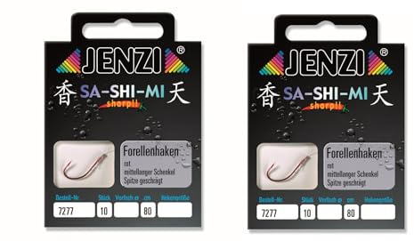 JENZI Lot de 20 hameçons à truite attachés Mono, 80 cm, taille des hameçons 4, 6, 8, 10 et 12 au choix + autocollant Petri Heill! (crochet taille 10)