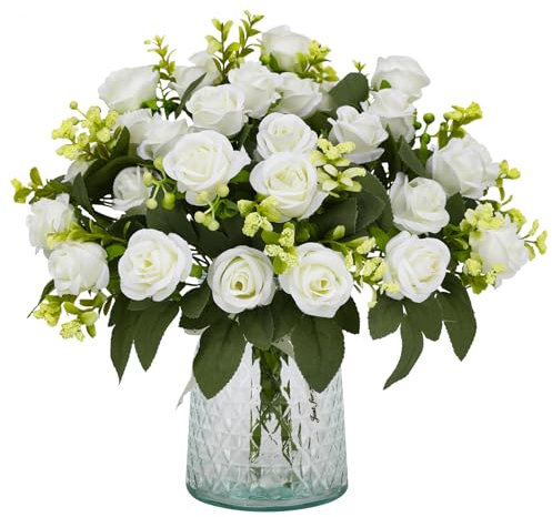 JUSTOYOU 4PS Artificial Rose Flowers,White Silk Rose Bouquets with 28 Rose Head,Fake Flower Realistic Rose for Wedding Home Garden Party Office Decor(White)