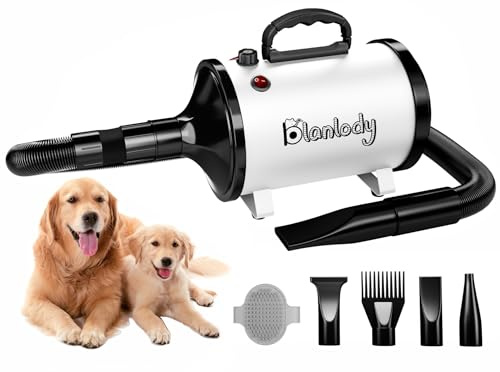 Blanlody Soffiatore Per Cani Blower Molto Silenzioso, 4,5 Cv/3200 W | Velocità Regolabile, Ventilatore per la Cura del Cane con 4 Diversi Ugelli, Tubo Elastico e Spazzola per la Cura