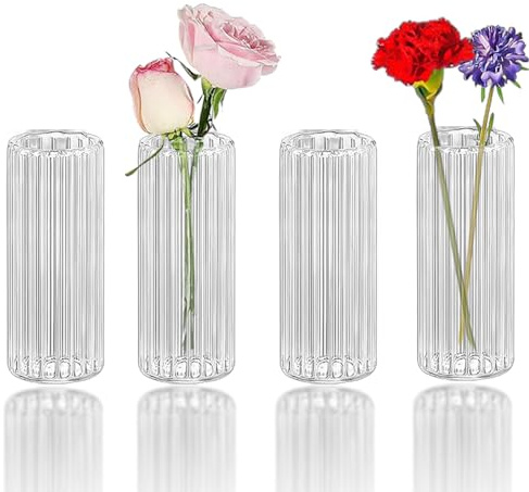 MIUPOO Vaso molto piccolo, mini piccoli vasi in vetro per fiori, set di mini vasi da tavolo, decorazione da tavolo, decorazione per matrimonio, soggiorno, tavolino da caffè, bagno, 5 cm, 4 vasi dritti
