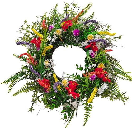 Door Wreath, Spring Summer Wildflower Wreath Decorative Garland For Front Door Outdoor, Artificial Wreaths With Flowers For Farmhouse Home Garden Wedding Decor