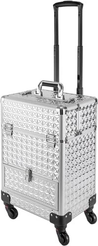 Kosmetikkoffer Trolley, Schminkkoffer mit Schubladen groß Abschließbar Friseurkoffer Reisen Make-up Koffer mit 360° drehbare Rollen 34 x 25 x 47 cm (Silber)