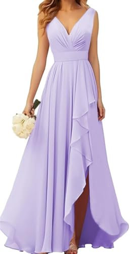 KURFACE Vestido de dama de honor largo de gasa con cuello en V para mujer, con abertura, fruncido, acampanado, vestido formal, Lila, 22 Más