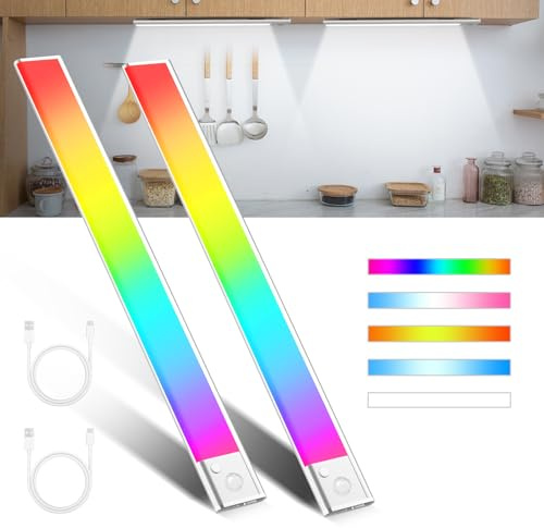Comius Sharp Underbyggnad, kök, LED, dimbar, 40 cm, 89 LED-skåpbelysning med rörelsedetektor, 2 200 mAh 5 färglägen USB, uppladdningsbart skåpljus, trådlös för skåp (2)
