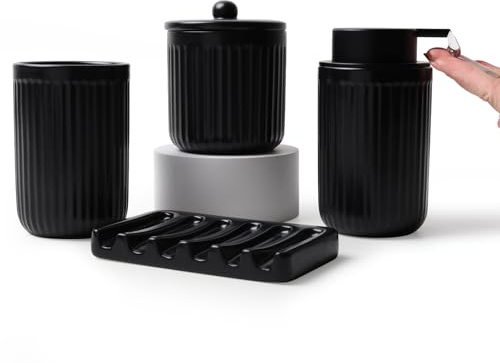 Badezimmer Set UMLACA, Badezimmer Organizer Keramik 4-Teiliges, Enthält Seifenspender, Zahnputzbecher, Seifenschale, Wattestäbchen Behälter, Edle Badezimmer Deko (Schwarzer, Flüssigseifenspender)
