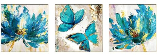 XIUWOUG Bilder Acryl Abstrakt Blau Blume | Acrylbilder auf Leinwand Bild 100% handgemalt | Gemälde Schmetterling | Wandbild modern Wohnzimmer Schlafzimmer,50x50cm(With frame)