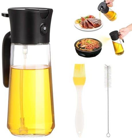 Seronieer 2 in 1 Oil Dispenser and Oil Sprayer, 500ml Olive Oil Sprayer Bottle Glass Oil Bottle with Brushes for Kitchen Cooking Air Fryer Baking BBQ