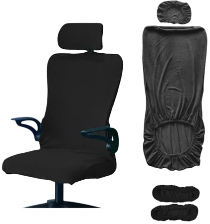 Easnea Coprisedia da ufficio, impermeabile, in tessuto jacquard, per sedia girevole, elasticizzato, con poggiatesta, copertura per bracciolo della sedia (nero)