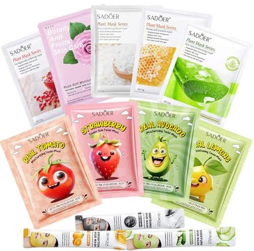 12 Piezas Mascarilla Hidratante Facial, Daily Care Mascarilla Facial, con Ácido Hialurónico, Aloe Vera, Extracto de Arroz, Iluminadora, Calmante, Skincare Set para Mujeres Adolescente