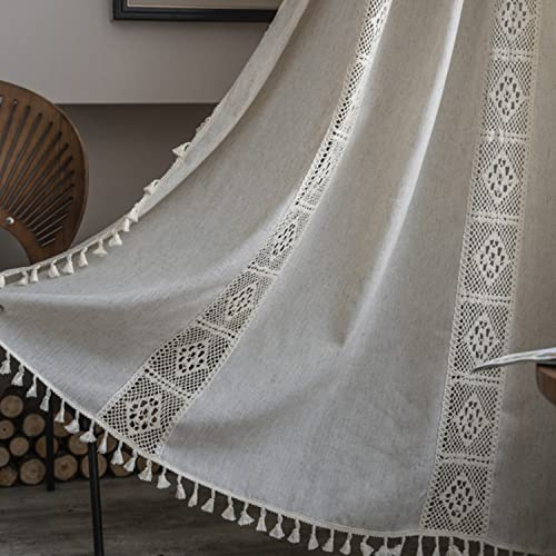 Tospass Vintage Landhausstil Häkeln Stricken Vorhang Boho Bohemien Vorhänge Aushöhlen Quaste 2 Stück Gardinen Outdoor Leinen Baumwolle Gardienen für Wohnzimmer Schlafzimmer Curtains 150x200 cm Beige