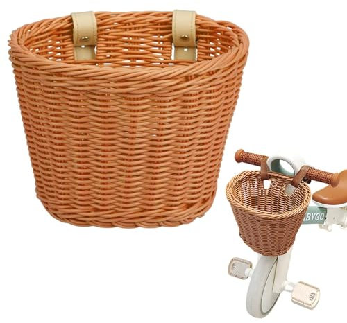 POHOVE Rattan Fahrradkorb für Kinder, Lenkerkorb Kinder Vorne Laufrad Korb, mit 2 verstellbaren Lederriemen, für 12 Zoll Fahrrad, Laufrad, Frontkorb