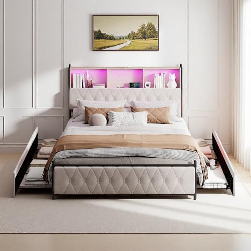 PerGar Sängklädselsäng med förvaringsutrymme, dubbelsäng, 4 lådor, säng med belysning, ungdomssäng, förvaringssängar, sängram, funktionell säng, sammet, utan madrass, beige (180 x 200 cm)