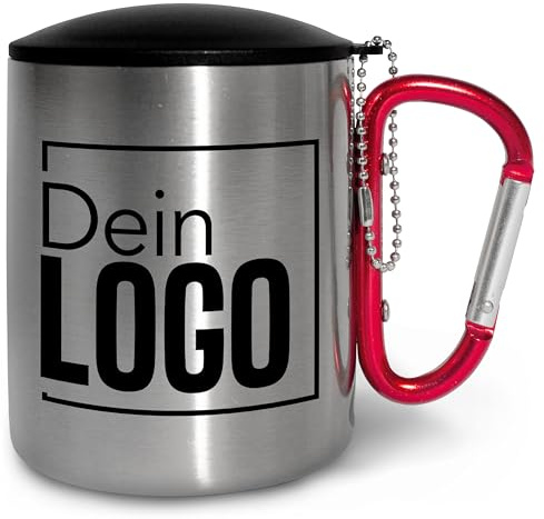 True Statements Edelstahlbecher mit Deckel und Karabiner personalisiert mit eigenem Logo - Festival oder Fasnetsbecher - 300 ml - Geschenk zum Outdoor & Camping - Griff Rot, Deckel