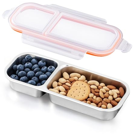 Ugotit Reusable Snack Containers with Airtight Lids, Stainless Steel Snack Box with 2 Compartments, Lunch Bento Box for Adult, Kids (Orange, 700ml)