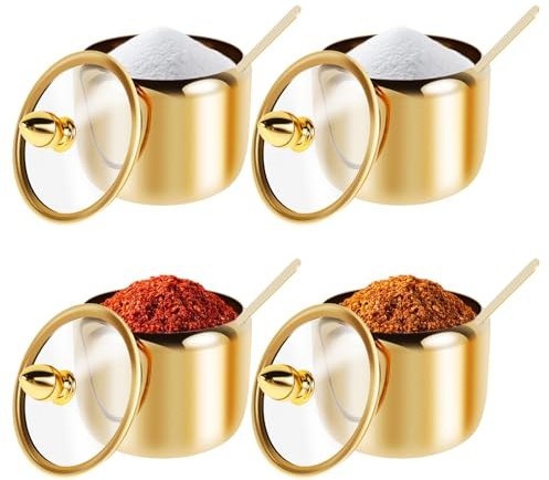 Toaboa Recipiente de azúcar de acero inoxidable 304 con tapa de cristal transparente y cuchara, cuenco de azúcar dorado, 10 onzas de cristal de azúcar, apto para lavavajillas, caja de especias, olla