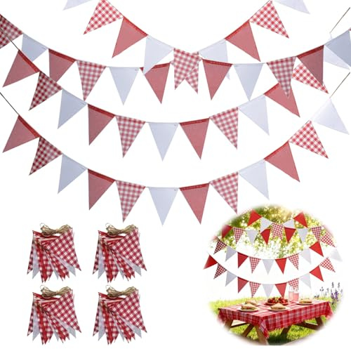 Hexizexi 48 Banderines Decorativos Cuadros Rojos y Blancos 16M Banderines para Cumpleaños Jardíns Fiestas Bodas