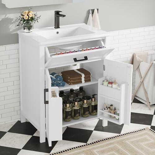 Lcoho 60 x 46 x 84,8 cm, mobile da bagno con lavandino, laccatura completa, doppia porta, pratici cassetti, ripiani regolabili, lavabo in ceramica integrato (bianco)