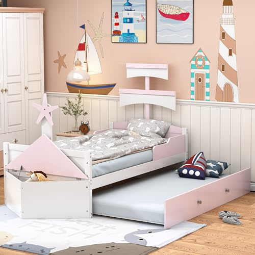 Cama individual de madera en forma de velero con cama de invitados extensible y armario de almacenamiento integrado, diseño multifuncional para dormitorio y habitación de invitados