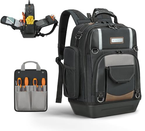 WINHUNT Tool Backpack for Men,Tool Bag Backpack with Tough Base, Multiple Pockets Tool Rucksack, 36 x 22 x 20.5 cm, Tool Bag Storage Organizer for Electrician, Black