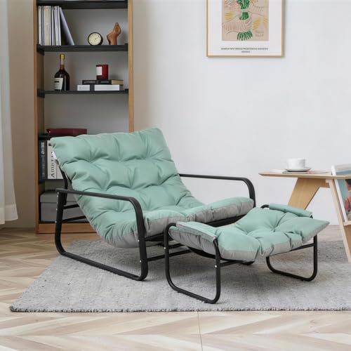 HomeMiYN Sessel mit Hocker Wohnzimmer Gartenliege mit Wendekissen Garten Liegestuhl Balkon möbel aus Stahl gepolsterter Stuhl für 2 Personen Gartensessel Outdoor Balkon Garten Terrasse (Blau)