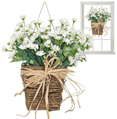 Spring Wreath ideal for Front Door Floral Hanging Basket Garland with Artificial Daisies ideal for Spring Home Door Decor