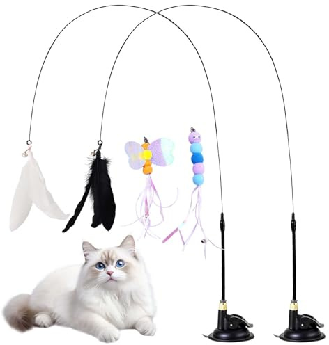 Juguetes para Gatos, Paquete de 2 Cañas de Pescar con Ventosa y 4 Cabezales Intercambiables, Juguetes Interactivos Naturales para Gatos, Cañas de Pescar para Que Los Gatitos Se Muevan y Jueguen (2)