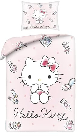 Hello Kitty Smink Enkelsäng Påslakan 140x200 + Örngott Rosa Mikrofiber | Vändbart sängset | Mjuk mikrofiber snabbtorkande Oeko-Tex | Läppstift nagellack parfym | Sanrio | Presenttips flicka