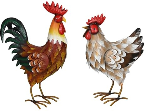 Storm's Gartenzaubereien Metall Hahn und Huhn Gartenfiguren 2er Set - Bunte Hühnerfamilie Handbemalt - Wetterfeste Gartenstatuen Set 39cm und 33cm - Rustikale Bauernhof Deko - Frühling/Osterdeko