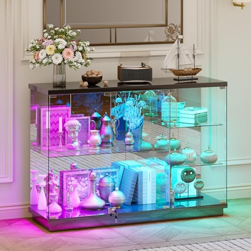 High Gloss Glass Display Cabinets with RGB lighting for Bedroom,Black | Curio Cabinets with Lockable and Dynamic lighting,Floor Display Case with Human Body Sensor and USB & Type-c for living room