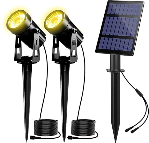 Luces Solares LED Exterior Jardin, T-SUNUS Focos LED Exterior Solares con Encendido/Apagado Automático, 2 Modos de Intensidad, Cable 3 Metros para Arboles, Terrazas, Patios y Aceras, Blanco Calida